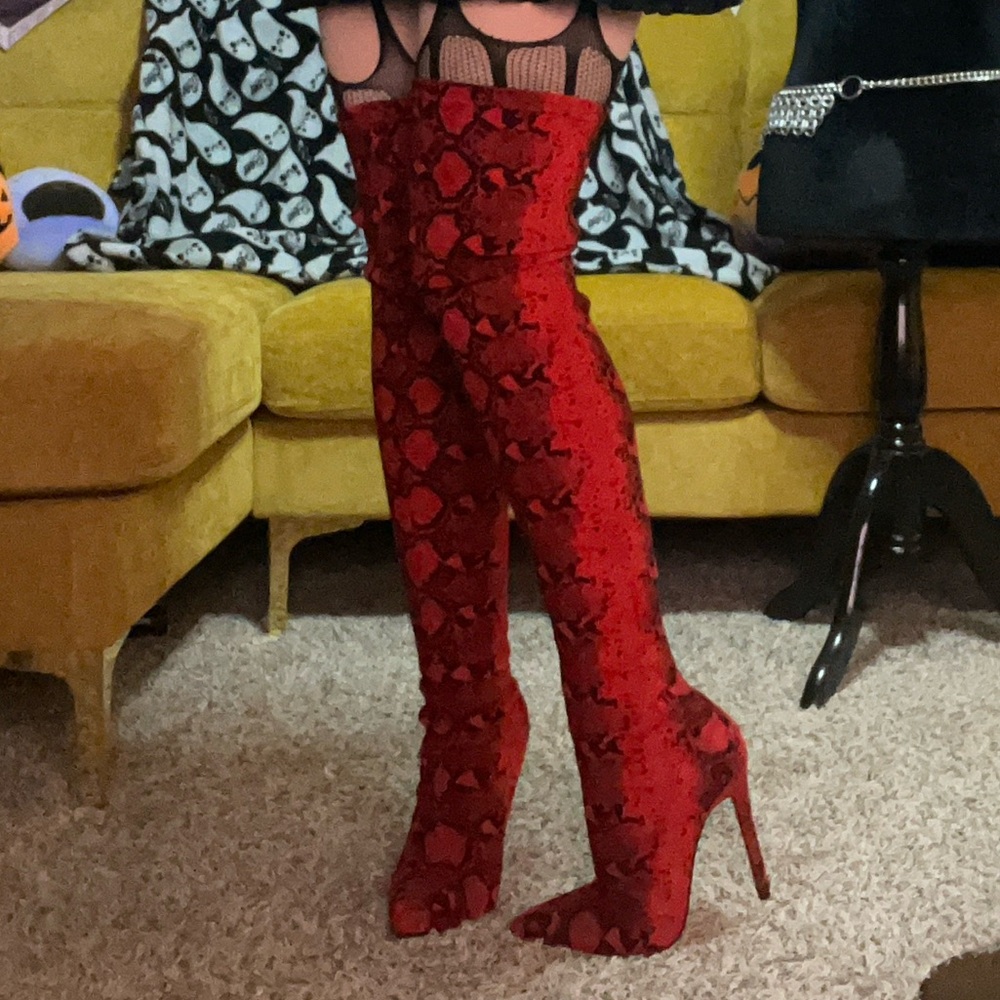 Red Snake Print Thigh High Boots